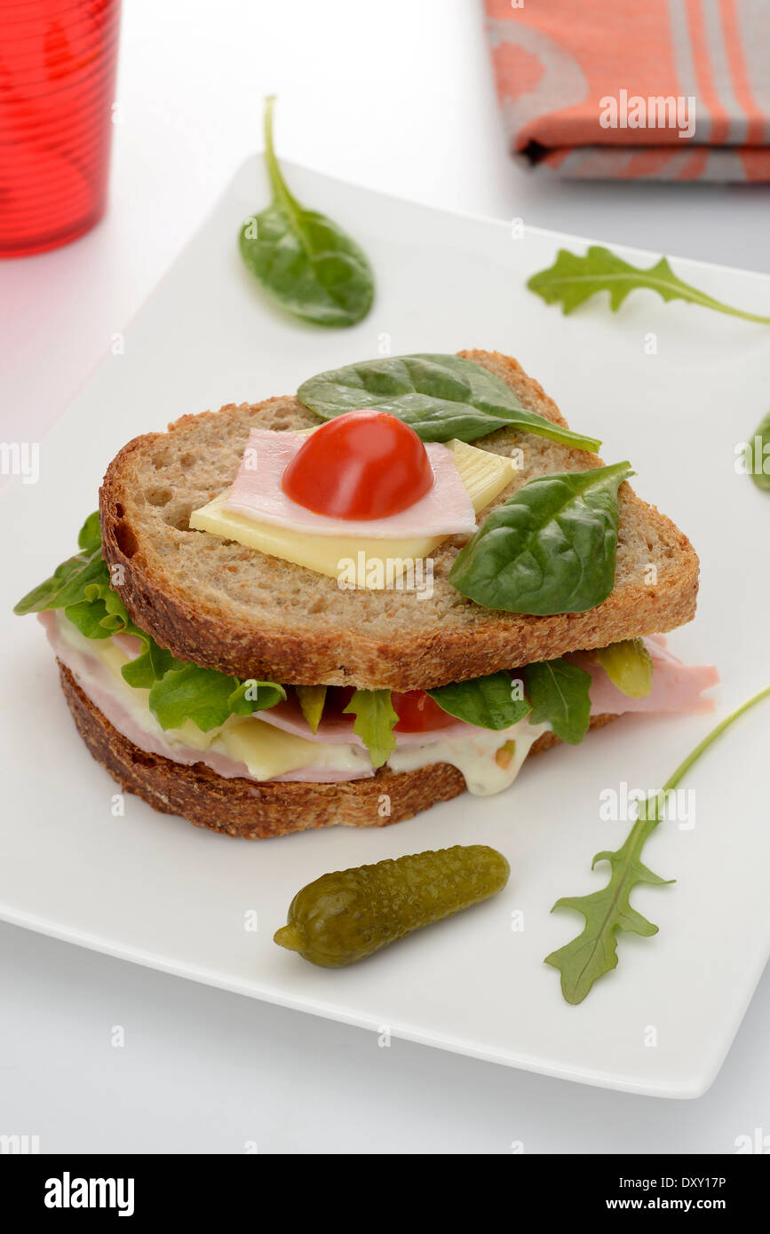 Ham,cheese,lettuce and tomato brown bread sandwich Stock Photo