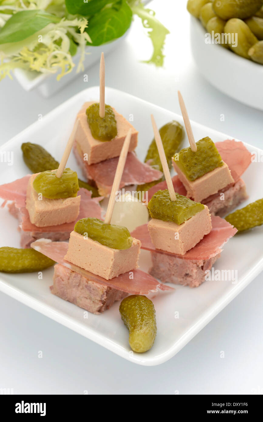 Paté,ham and gherkin appetizers Stock Photo Alamy