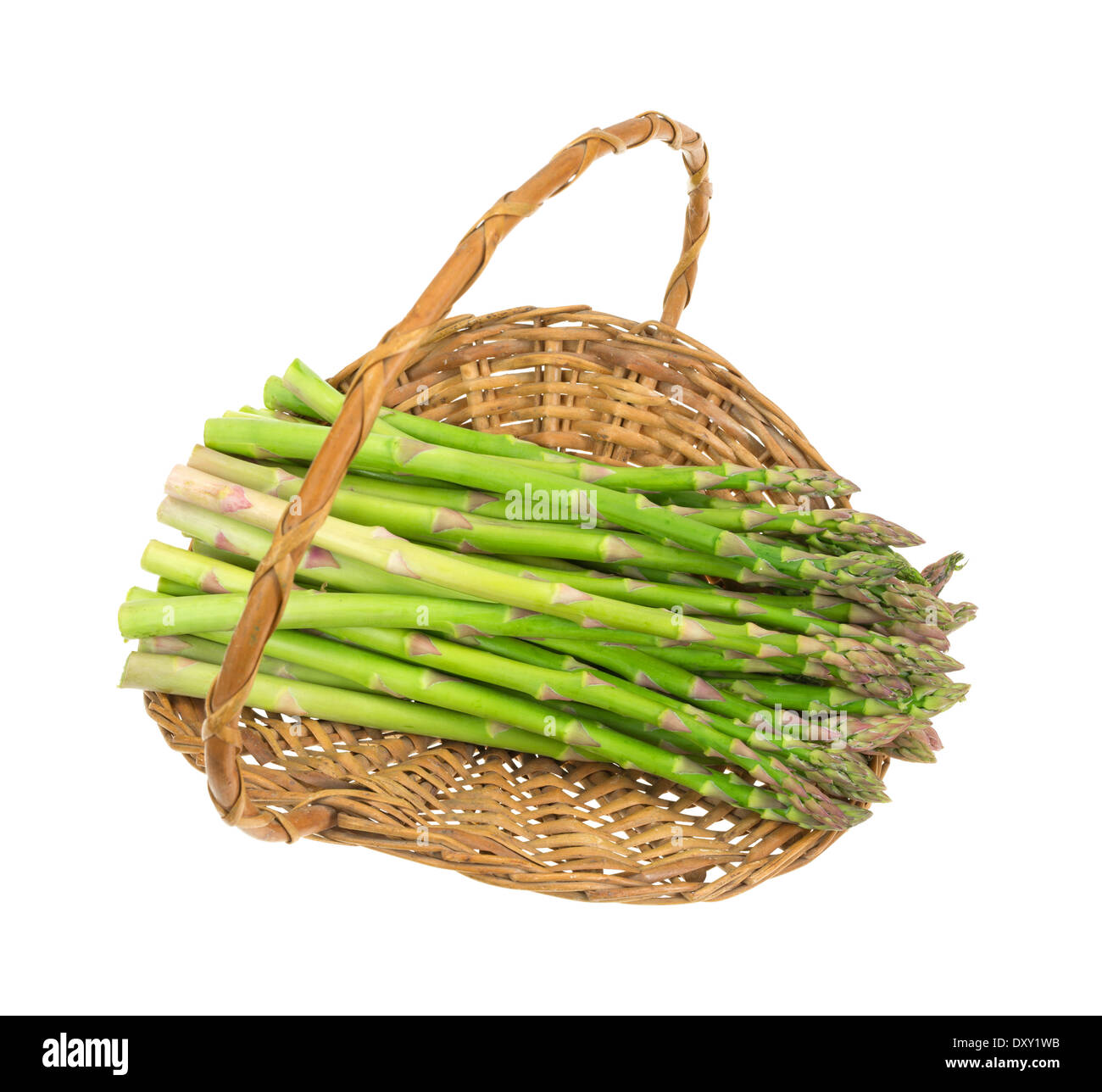 Several stalks of fresh asparagus in an old wicker basket. Stock Photo