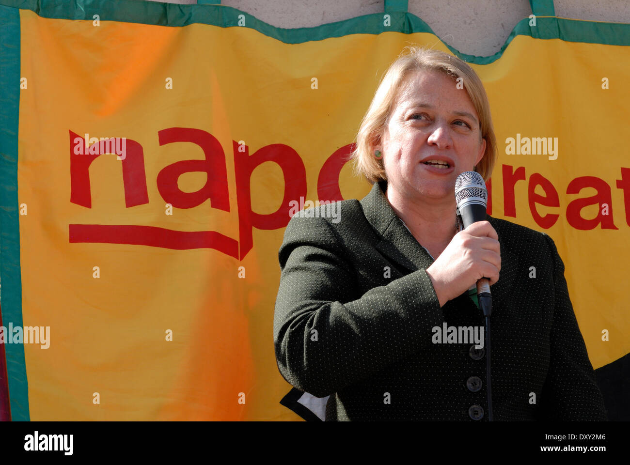 Natalie Bennett (leader, Green Party of England and Wales)  speaking at a London protest against Cuts in legal Aid and the Privatisation of the Probation Service opposite the Houses of Parliament in Westminster. April 1st 2014 Stock Photo