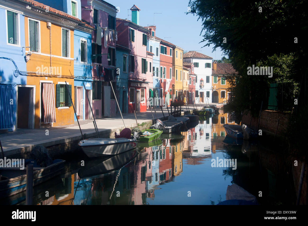 Burano houses canal colour colourful reflection Venice Venetian lagoon island vilage Veneto Italy Stock Photo