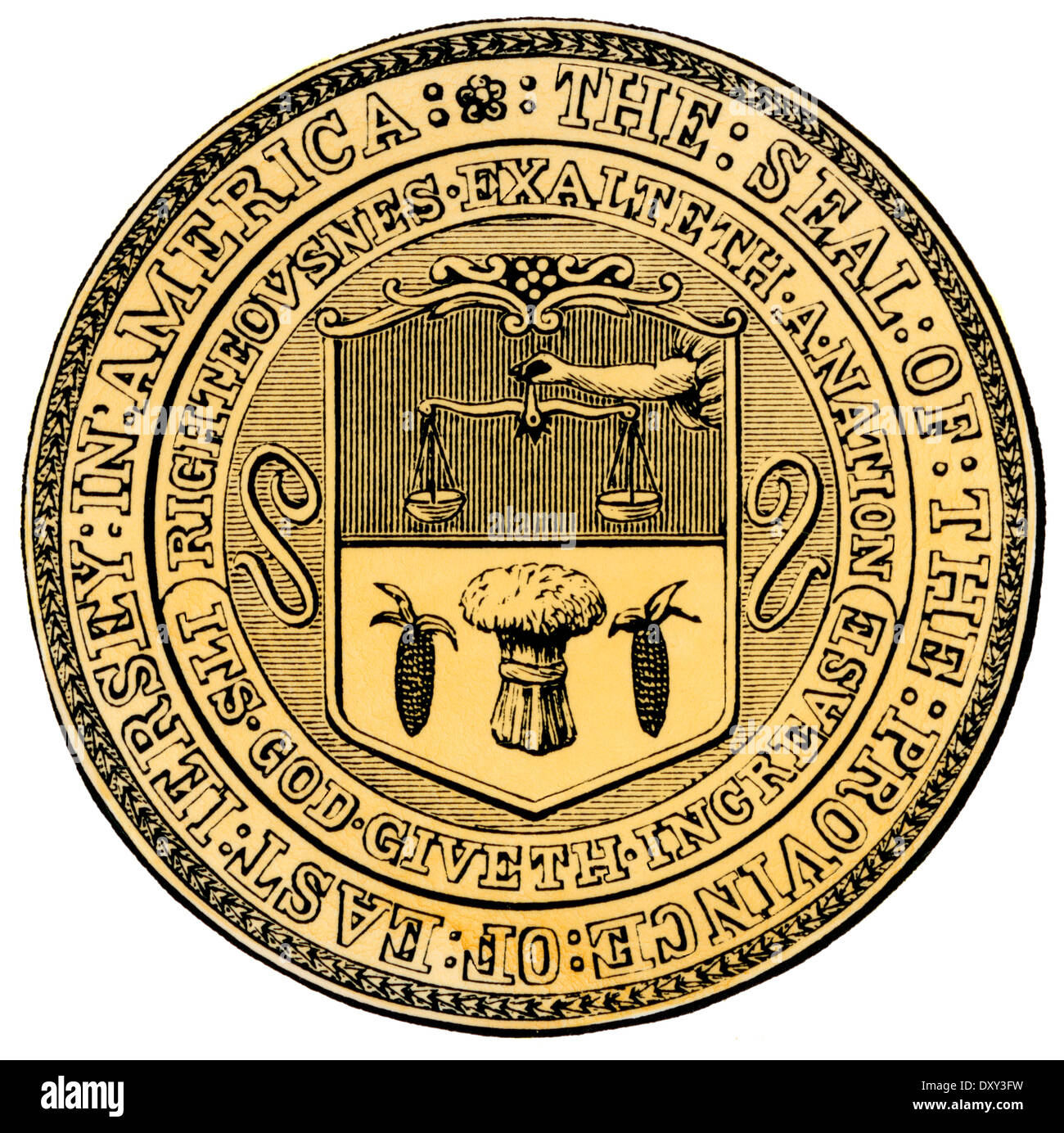Colonial seal of East Jersey Province. Hand-colored woodcut Stock Photo