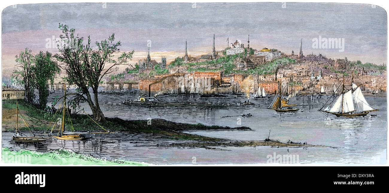 Albany, capital of New York, from east side of the Hudson River, 1880s. Hand-colored woodcut Stock Photo