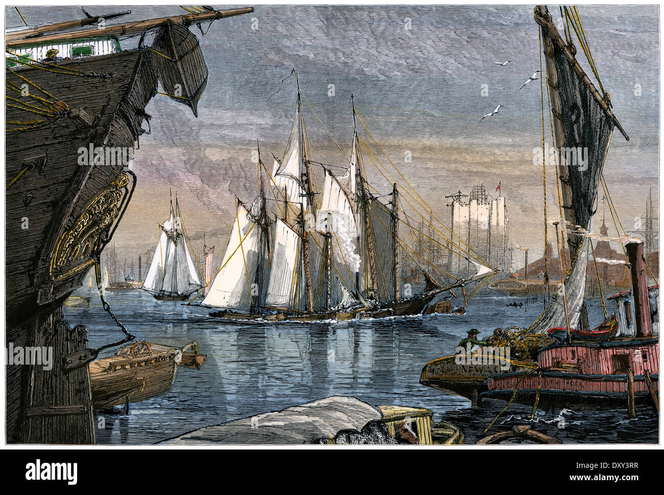 East River boat traffic in New York harbor, 1880s. Hand-colored woodcut Stock Photo