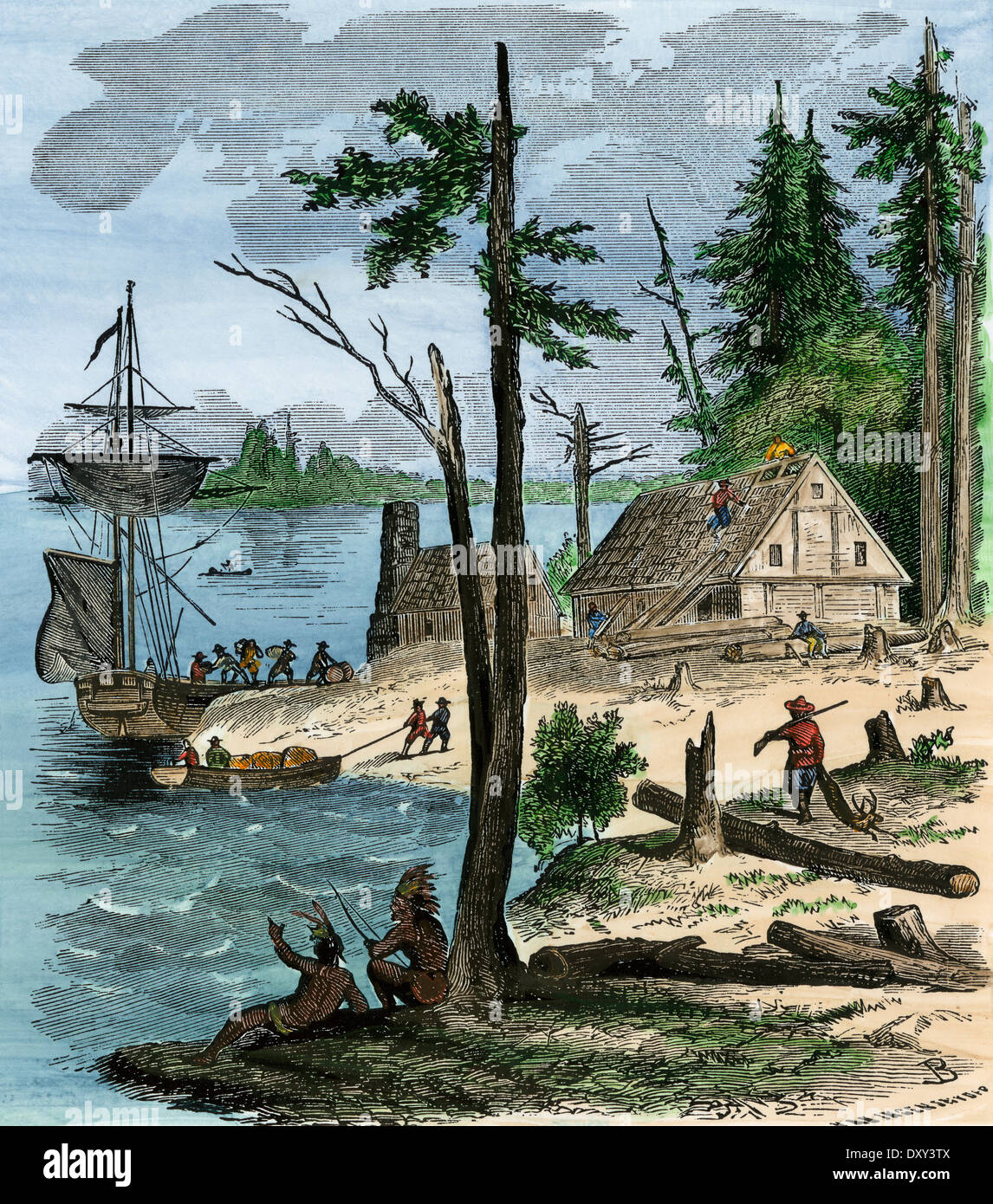 Dutch colonists arriving on Manhattan Island, 1600s. Hand-colored woodcut Stock Photo