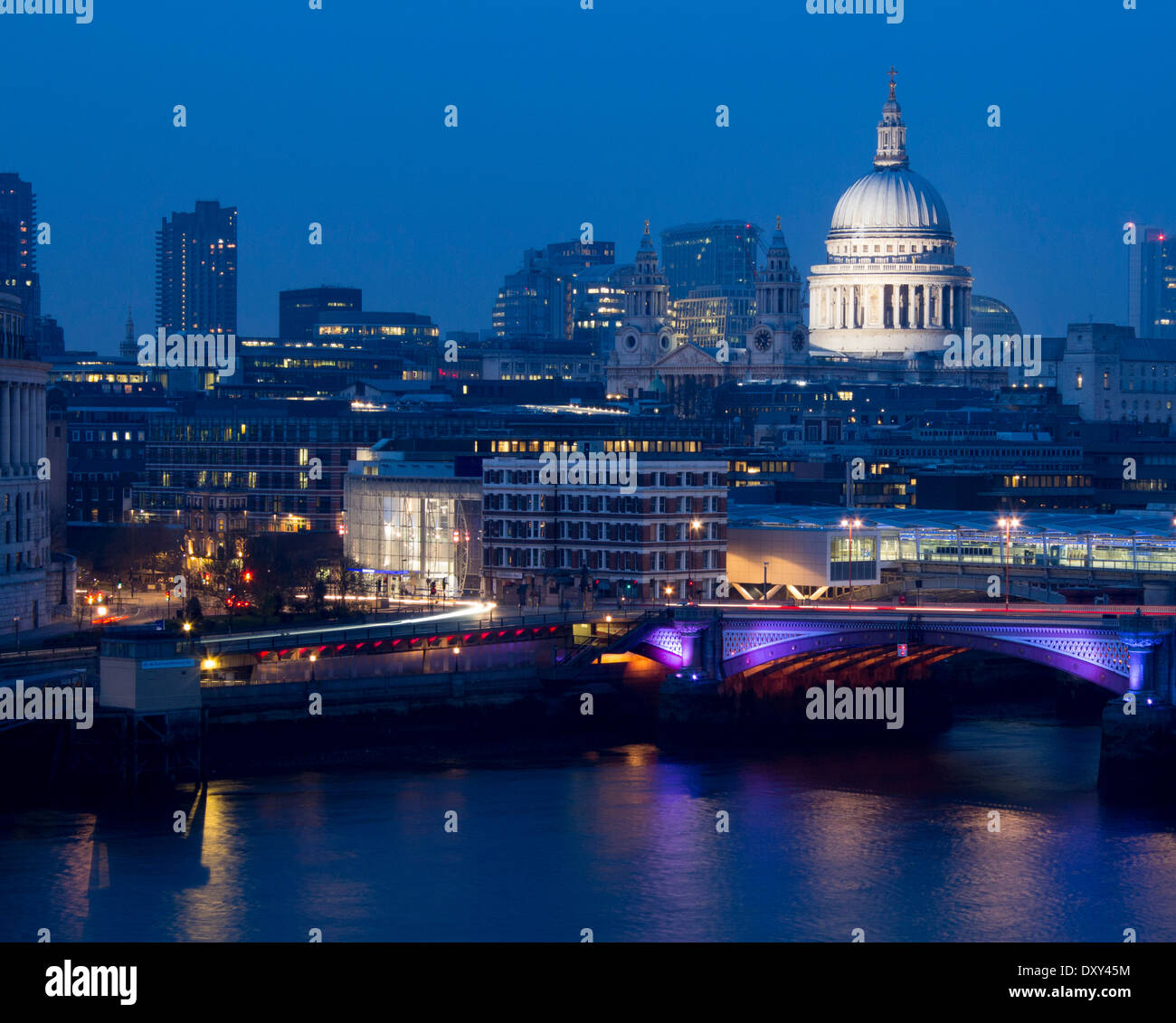 St Paul's Cathedral, Blackfriars Bridge, River Thames and City skyline at night from Oxo Tower London England UK Stock Photo