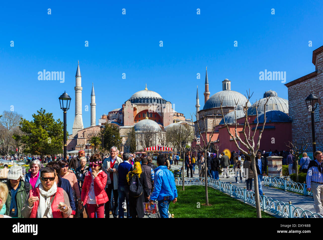 Crowds of tourists in Sultanahmet Park in front of Hagia Sophia (Aya Sofya), Sultanahmet district, Istanbul,Turkey Stock Photo