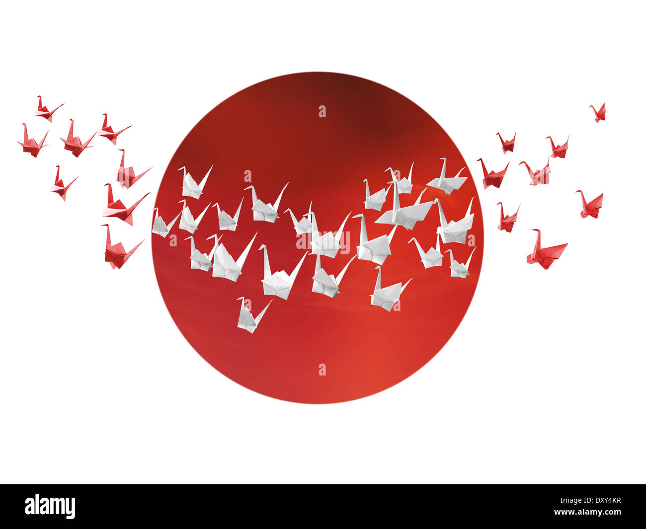 Traditional Japanese white and red origami cranes flying over stylized Japanese flag Stock Photo