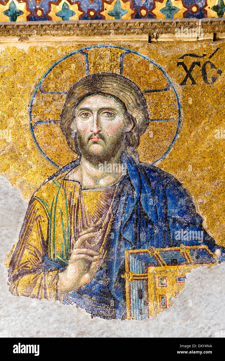 Christ pantocrator. Detail of Jesus Christ on the 13thC Deisis mosaic in Upper South Gallery, Hagia Sophia (Aya Sofya), Istanbul,Turkey Stock Photo