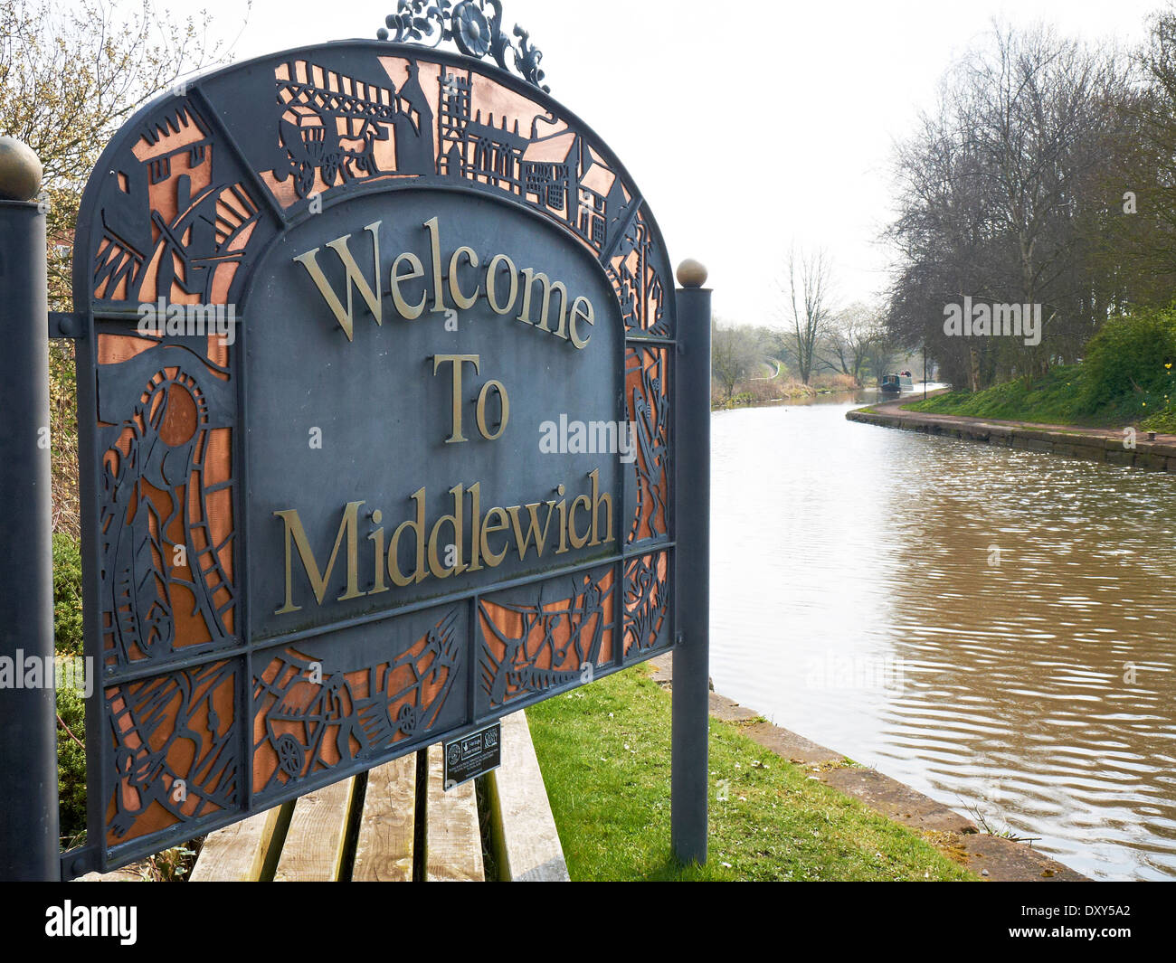 Welcome to Middlewich sign on the Trent & Mersey Canal in Cheshire UK Stock Photo