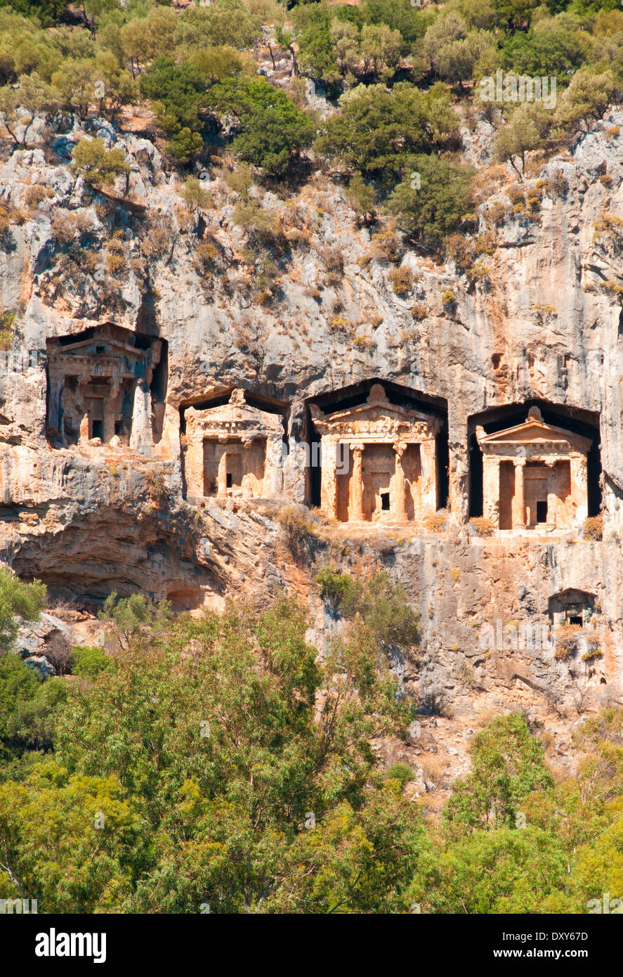 Turkish Lycian tombs - ancient necropolis in the mountains Stock Photo