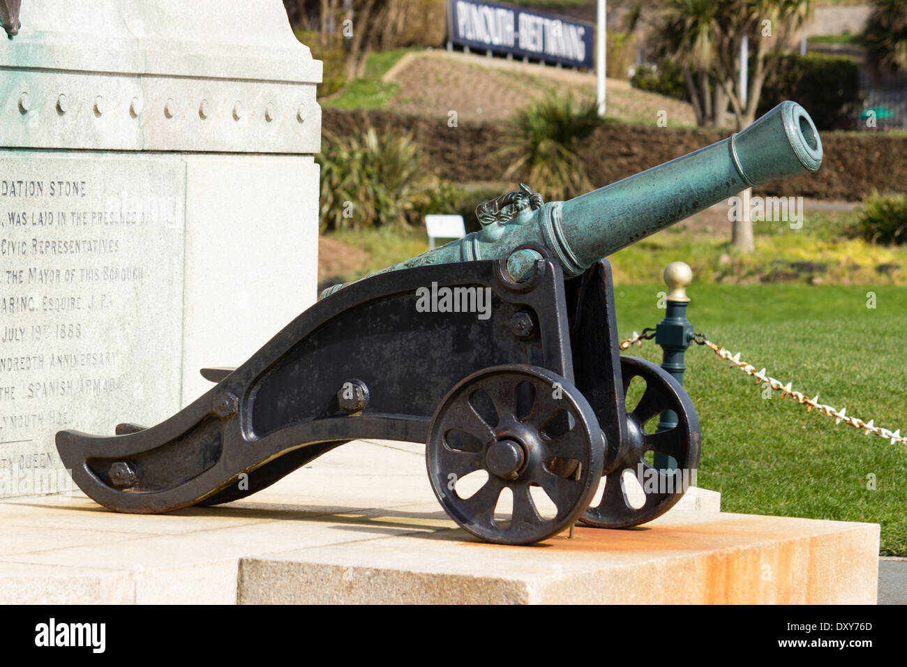 Side shot of a cannon at the base of the Armada memorial, Plymouth Hoe Stock Photo