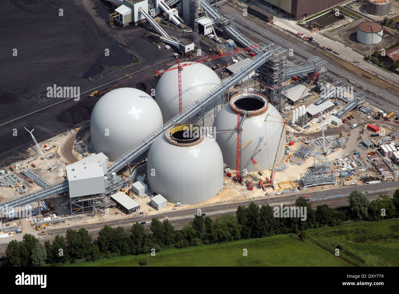 aerial view of the biomass energy producing power station (under construction but nearly completed) at Drax, North Yorkshire Stock Photo