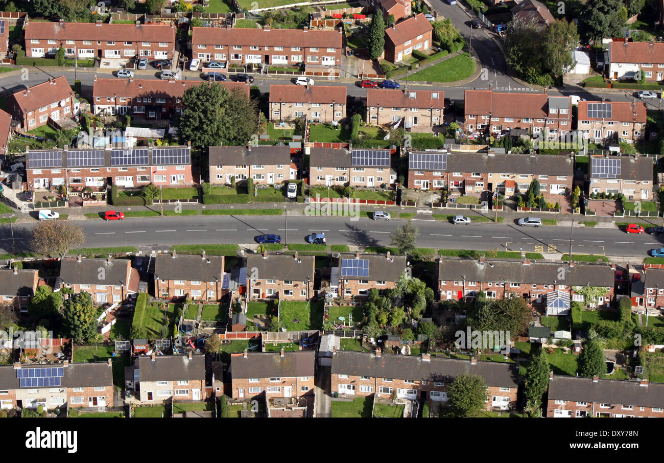 aerial view of modern and older council housing with solar panels on