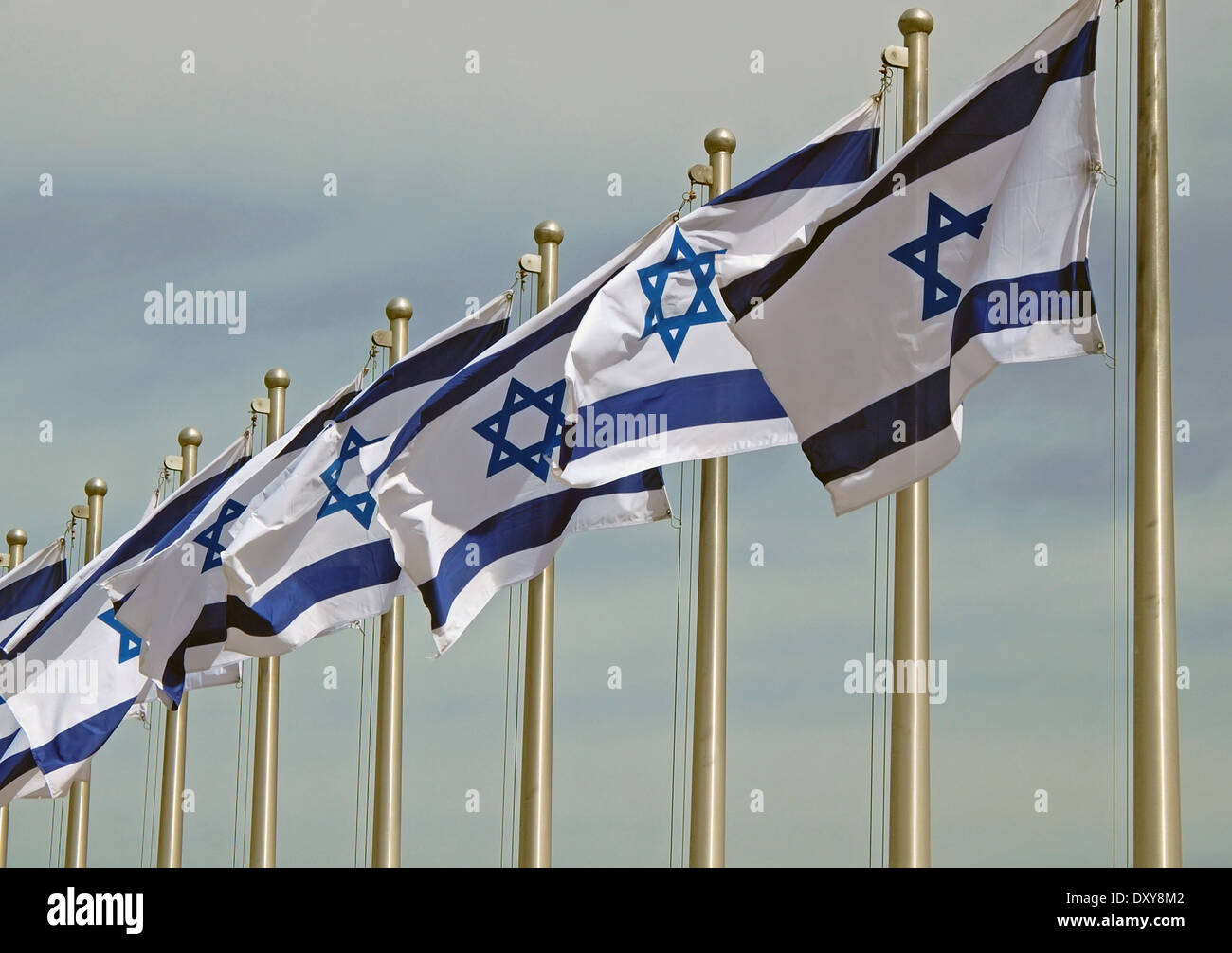 A row of Israeli flags in the Knesset Compound Stock Photo