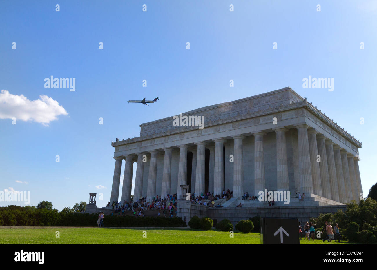 Airplane flying over Lincoln Monument in Washington DC Stock Photo