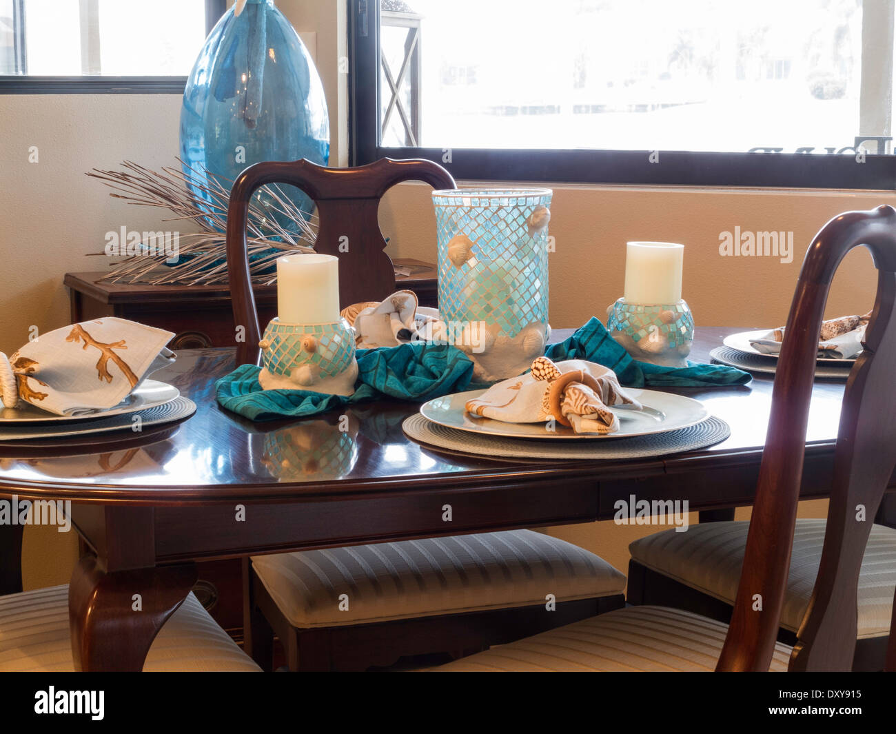 Dining Table with Beach Theme Place Settings, Punta Gorda, Florida, USA  2014 Stock Photo
