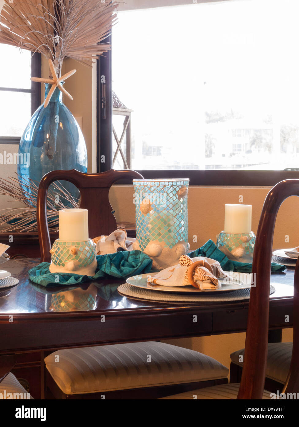 Dining Table with Place Settings Stock Photo