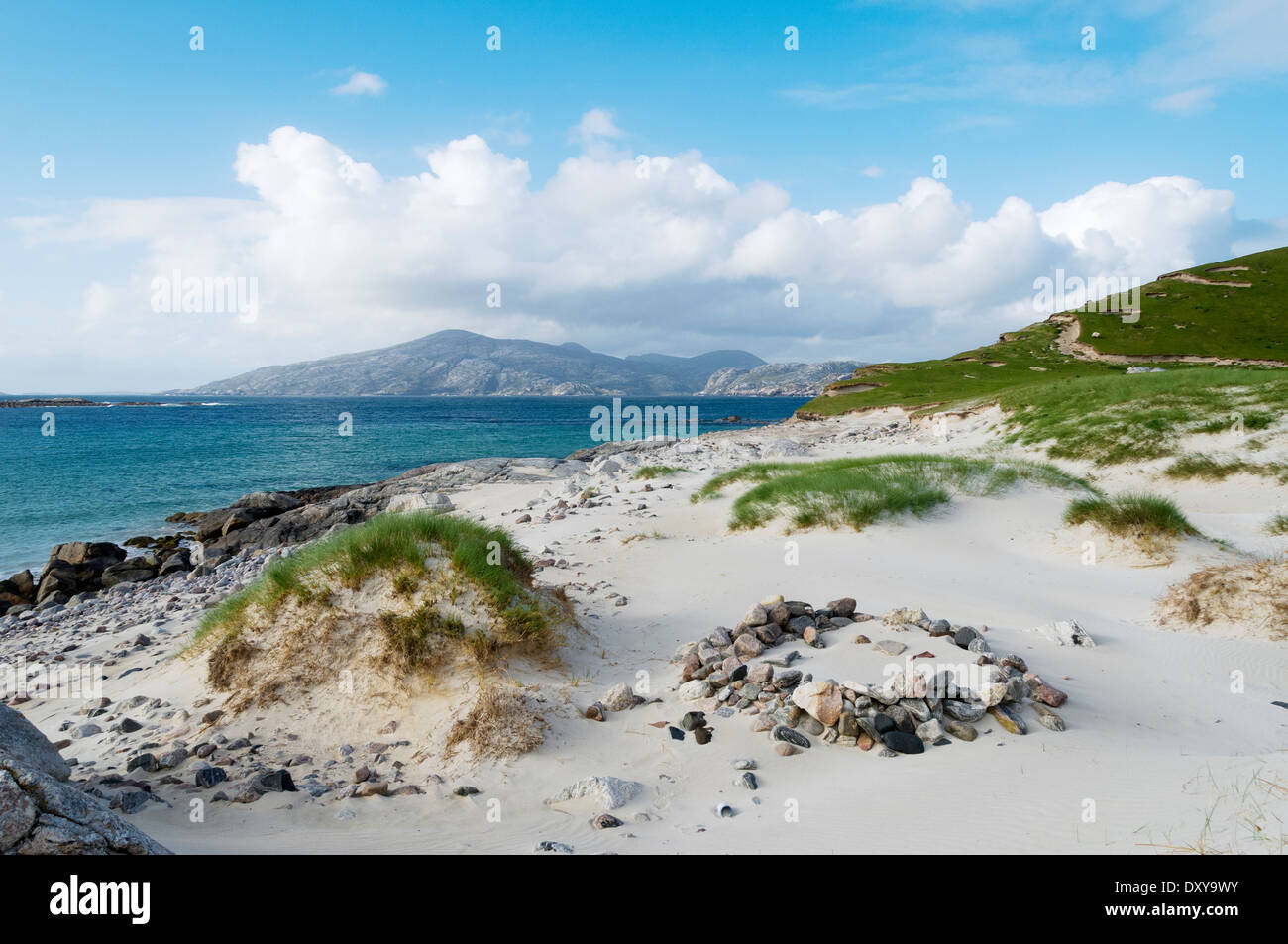The hills of western Lewis from the beach of Triàgh Mheilen near Huisinis, Harris, Western Isles, Scotland, UK. Stock Photo