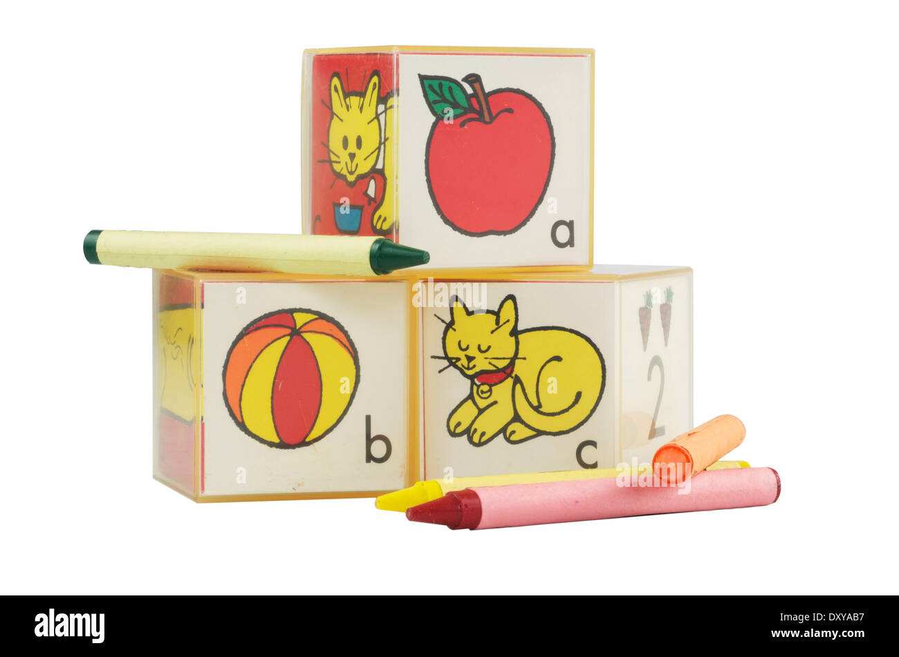 Preschool plastic learning blocks,ABC's with crayons. Stock Photo