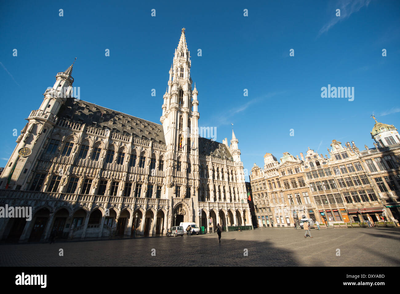 on Grand Place (La Grand-Place), a UNESCO World Heritage Site in central Brussels, Belgium. Lined with ornate, historic buildings, the cobblestone square is the primary tourist attraction in Brussels. Stock Photo
