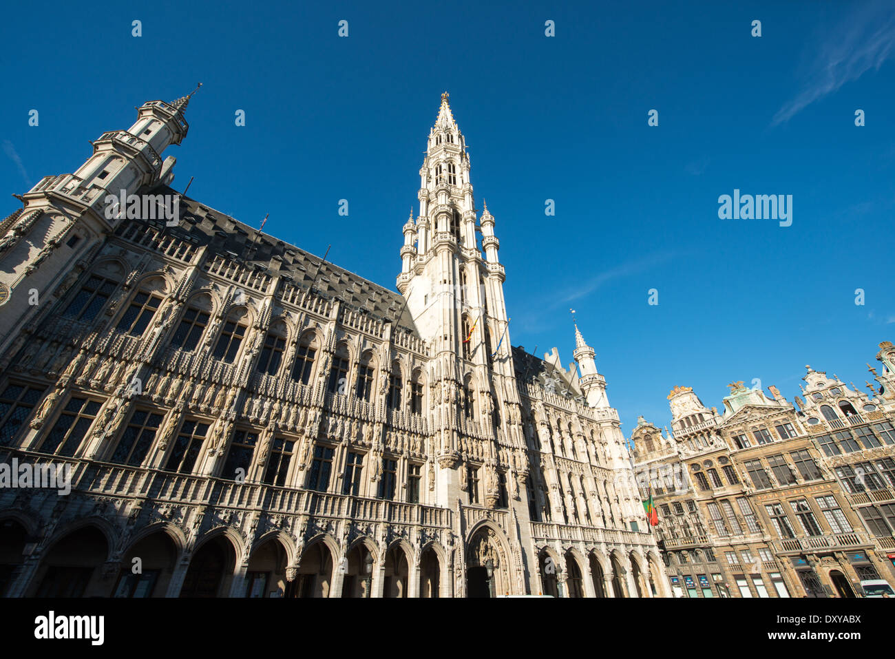BRUSSELS, Belgium — on Grand Place (La Grand-Place), a UNESCO World Heritage Site in central Brussels, Belgium. Lined with ornate, historic buildings, the cobblestone square is the primary tourist attraction in Brussels. Stock Photo