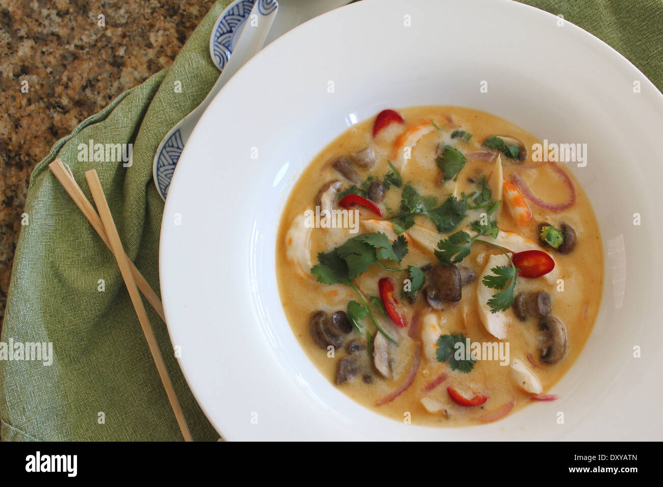 Thai Coconut Soup with Vegan Shrimp Stock Photo