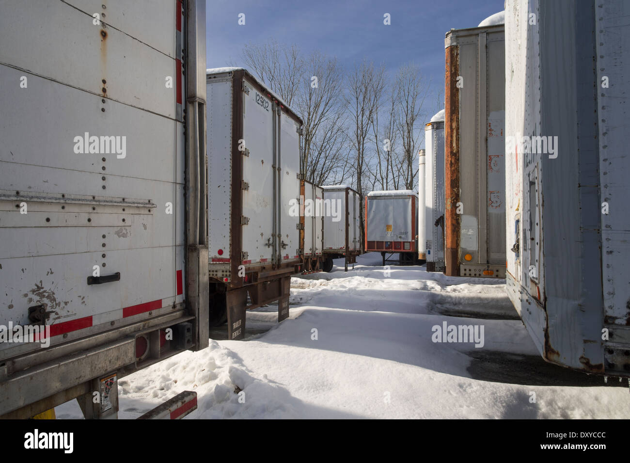 Tractor Trailers Parked In Snow Stock Photo