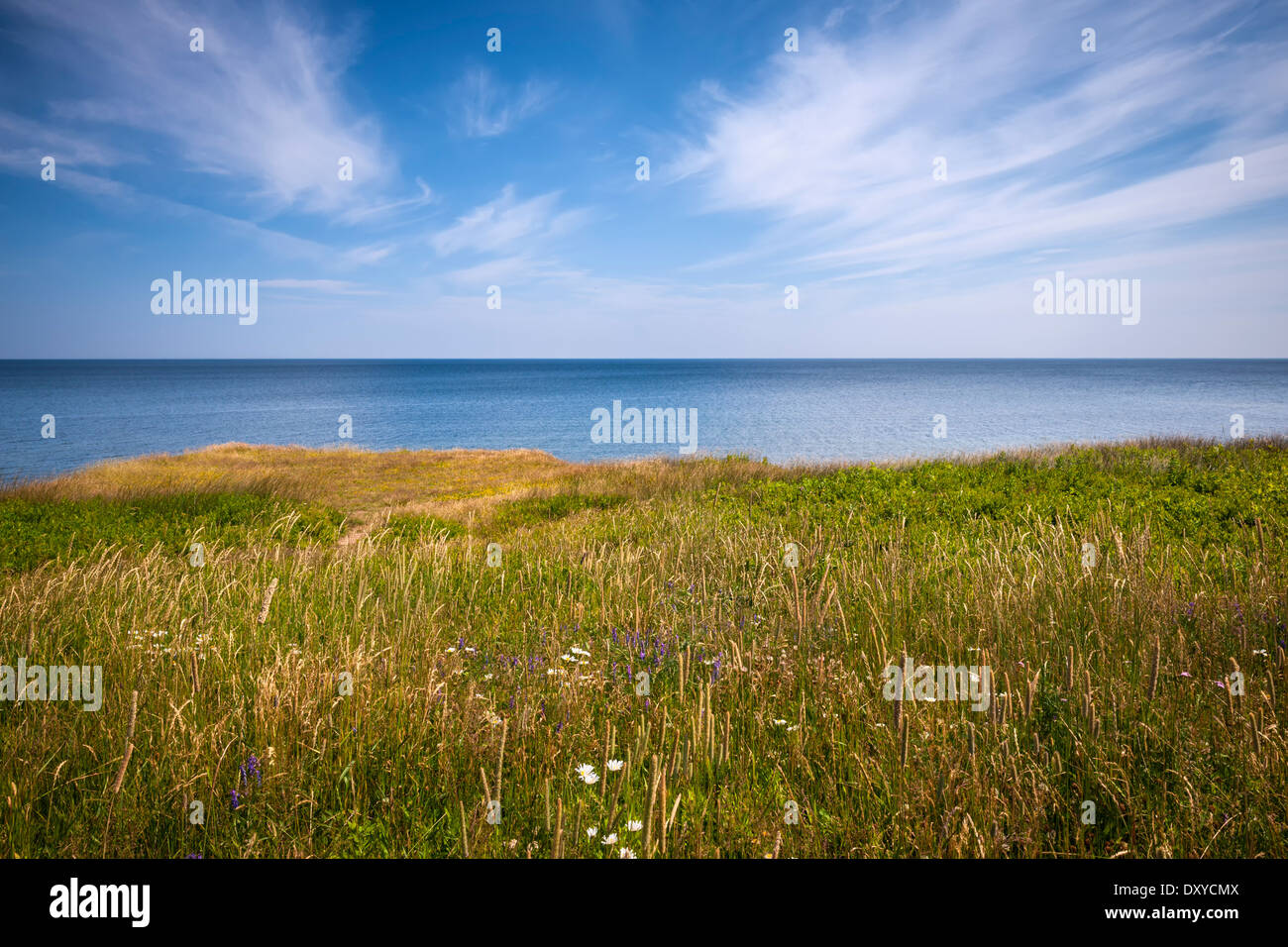 View of Atlantic ocean from cliff edge in Prince Edward Island, Canada. Stock Photo