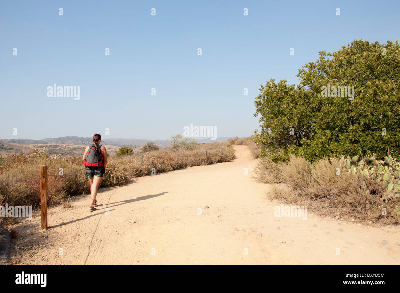 Backpacker woman hiking Stock Photo - Alamy