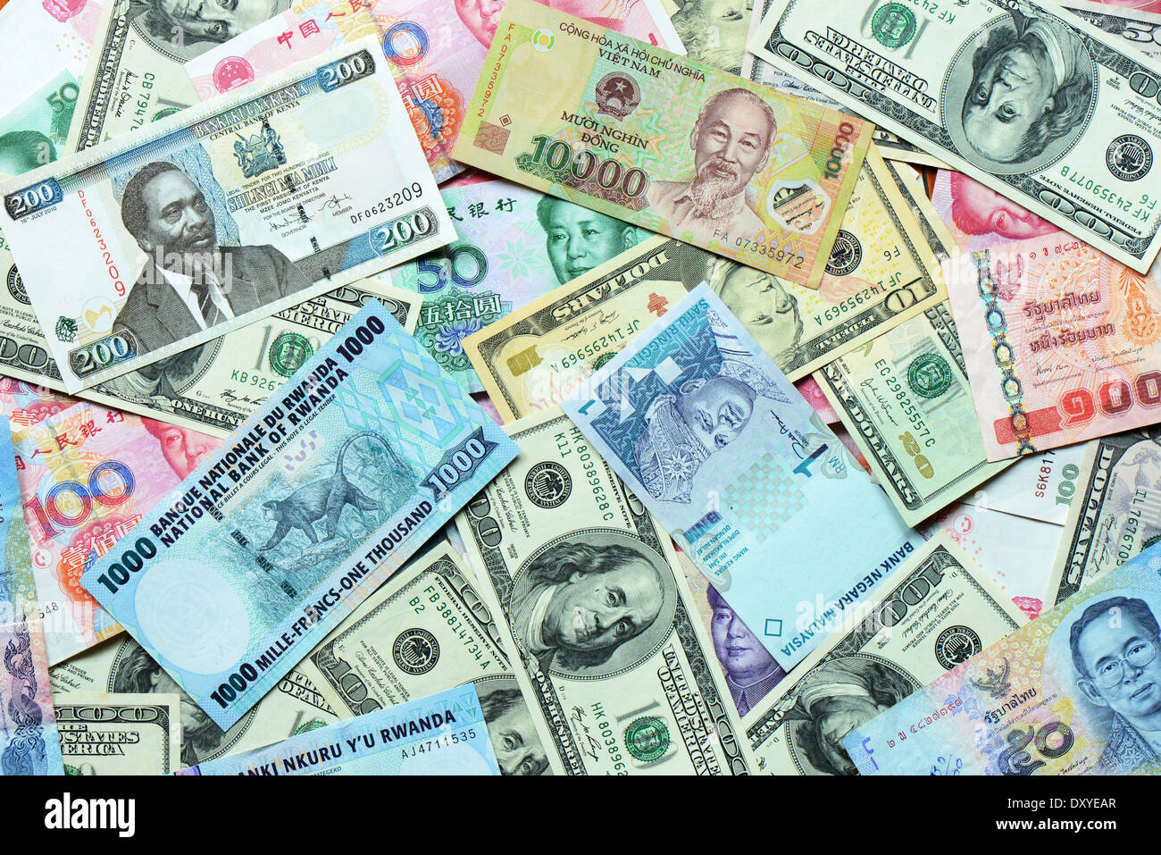 Various currency notes as banking and finance, money savings background Stock Photo
