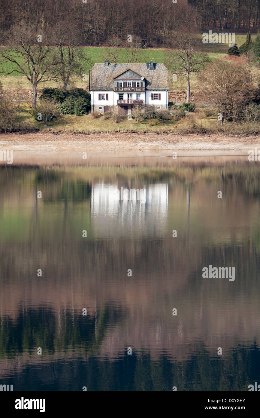 House on a lake, Listertalsperre Reservoir, Attendorn, Germany, Europe Stock Photo