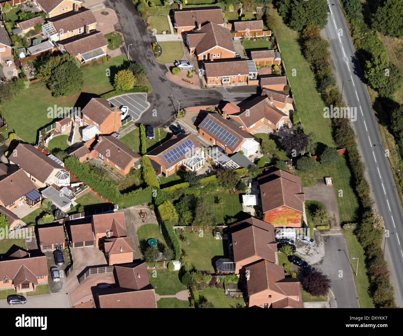 aerial view of modern housing with solar panels on the roof Stock Photo