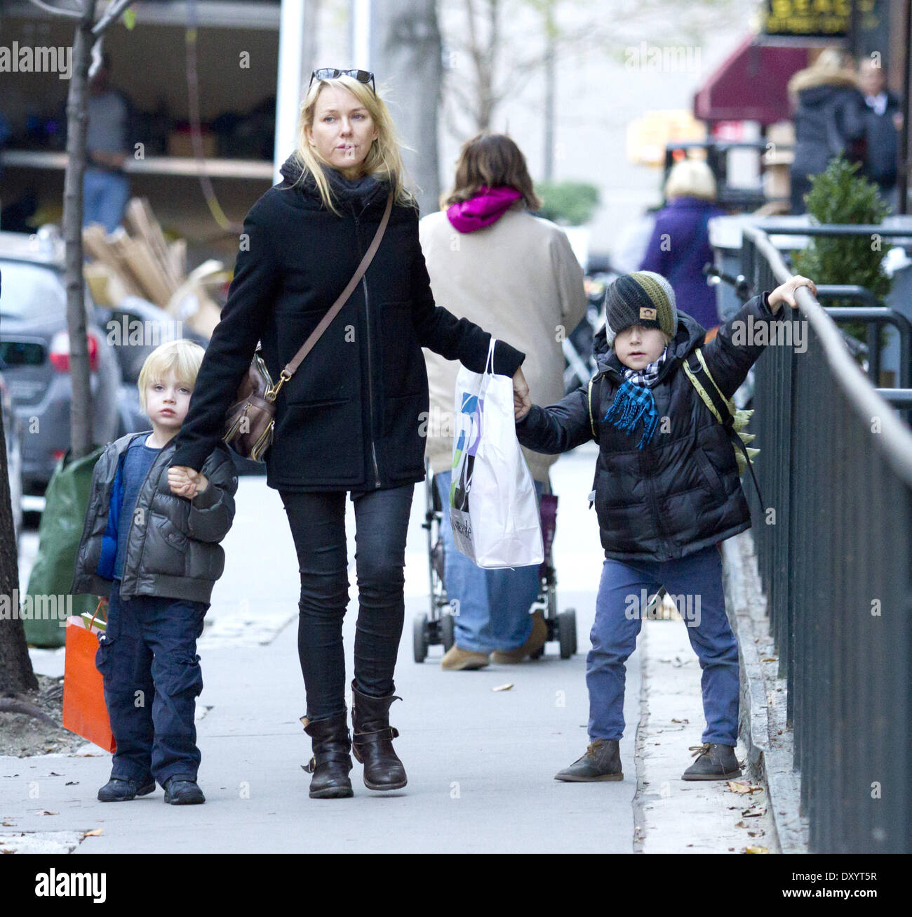Naomi Watts walking with her sons Samuel and Sasha in New York City Featuring: Naomi Watts,Sasha Pete Schreiber,Sammy Kai Schreiber Where: New York City NY USA When: 26 Nov 2012 Stock Photo