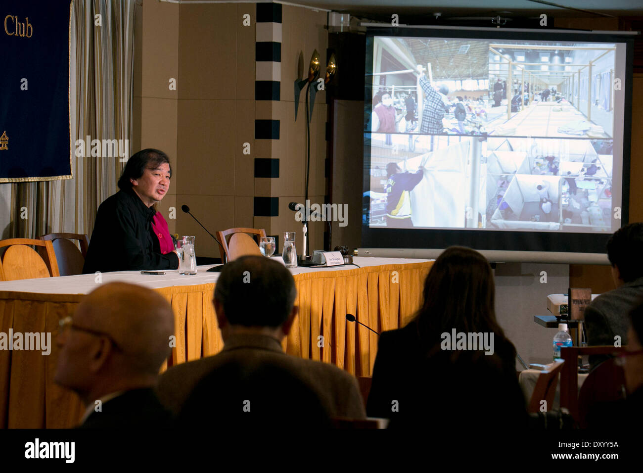 Tokyo, Japan. 02nd Apr, 2014. The winner of the 'Pritzker Architecture Prize' the Japanese architect Shigeru Ban speaks about his job and explains what it means to him to win the prize this year at the Foreign Correspondents' Club of Japan (FCCJ) on April 2, 2014. Ban also designed recyclable shelters and community centers for those displaced by war and natural disasters, such as the disasters of Kobe Earthquake in 1995 and Super Typhoon Haiyan in the Philippines last year. Credit:  Aflo Co. Ltd./Alamy Live News Stock Photo