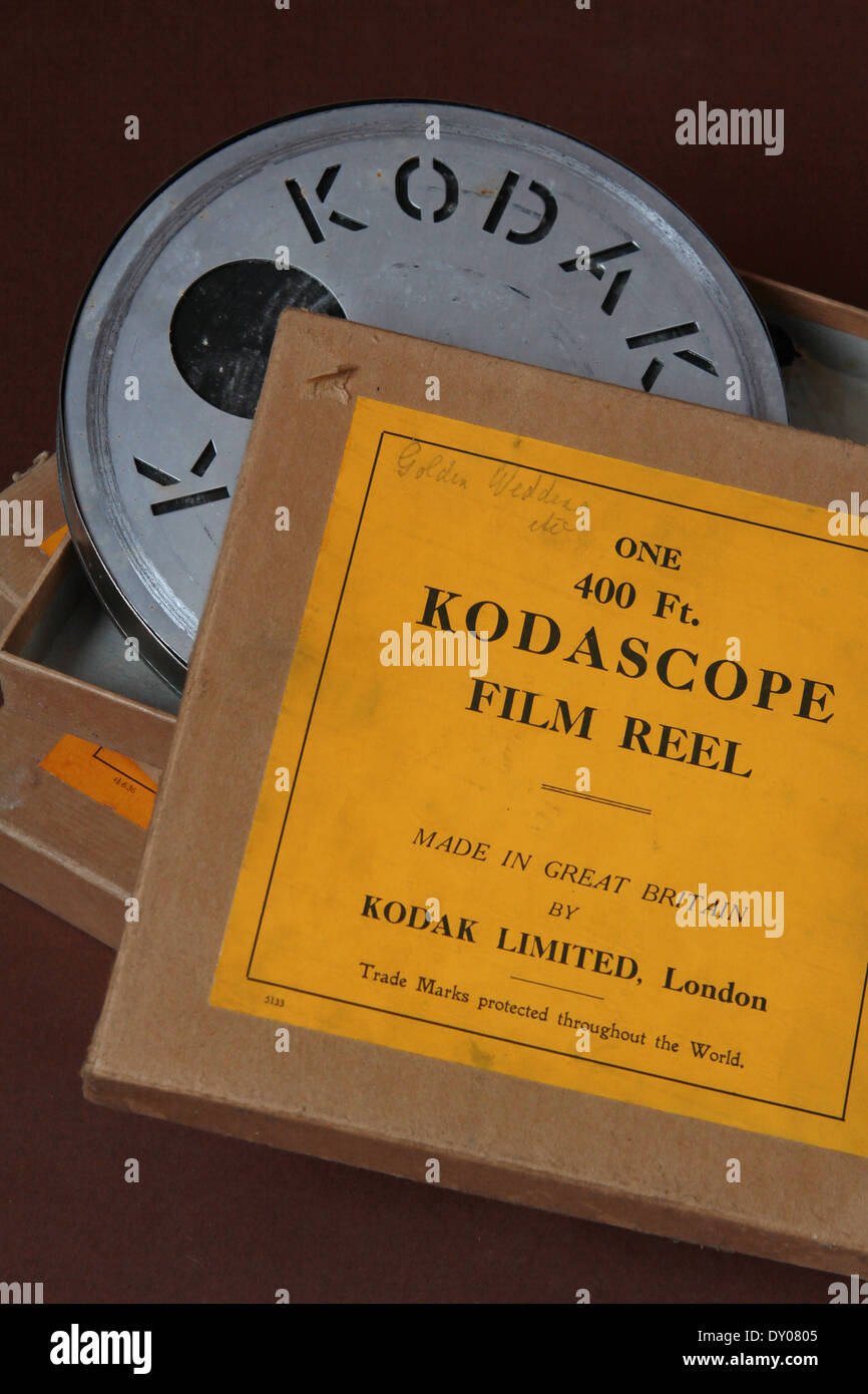 old Kodak 400 feet moving film boxes circa 1930 described as Kodascope film reel can and film reels  with Golden wedding written Stock Photo