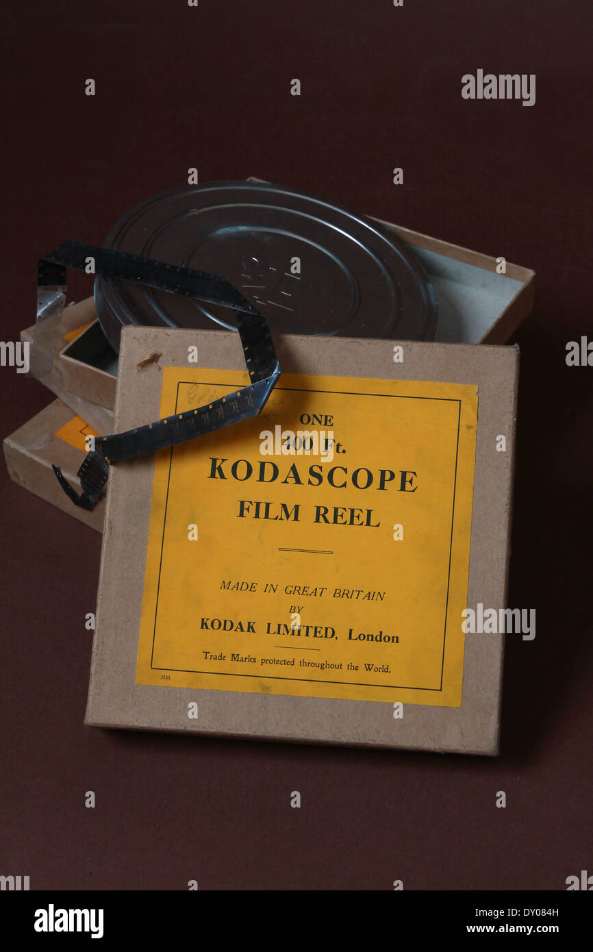 old Kodak 400 feet moving film boxes circa 1930 described as Kodascope film  reel can and film reels Stock Photo - Alamy