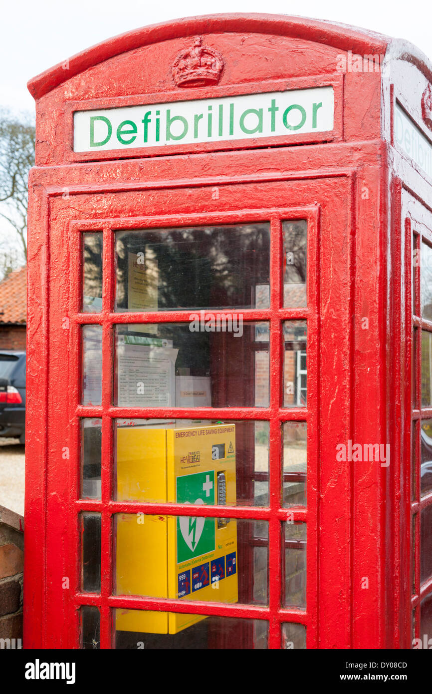 Defibrillator. Old telephone box now used to keep emergency life saving