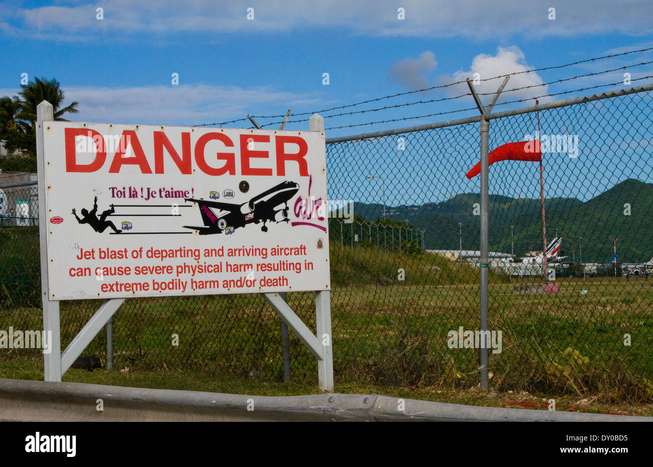 Danger of jet blast sign in St Maarten Stock Photo