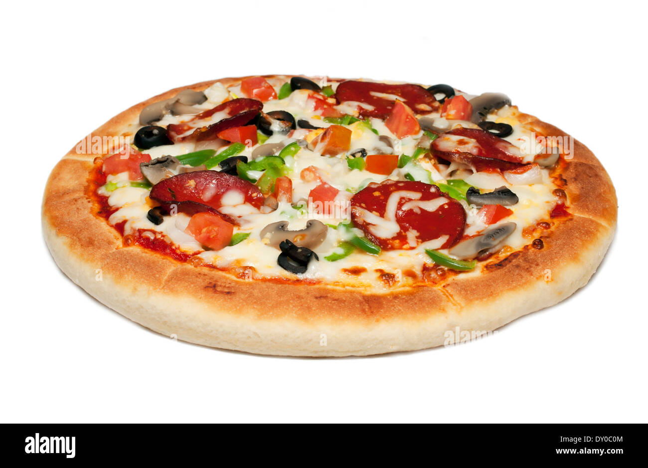 hot and spicy Italian tikka chicken pizza on a plate. Image isolated on white studio background. Stock Photo