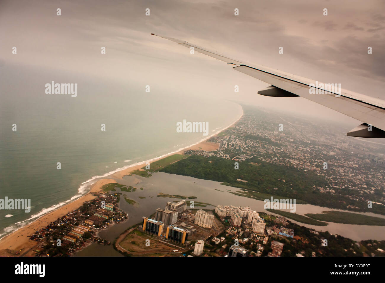 From flight over Chennai, India. Aerial shot from emirates flight wing. Stock Photo