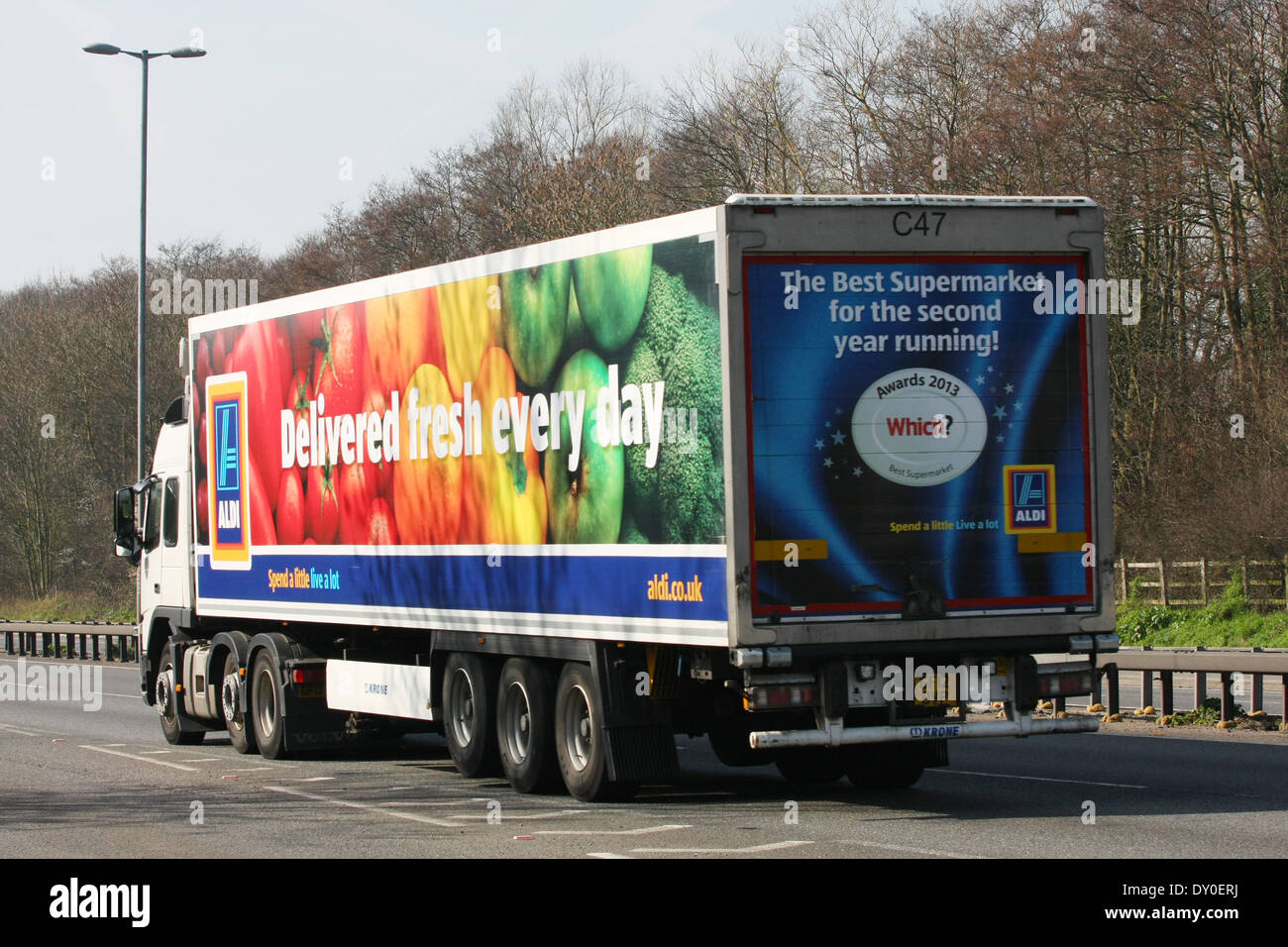 An Aldi truck traveling along the A12 dual carriageway in Essex Stock
