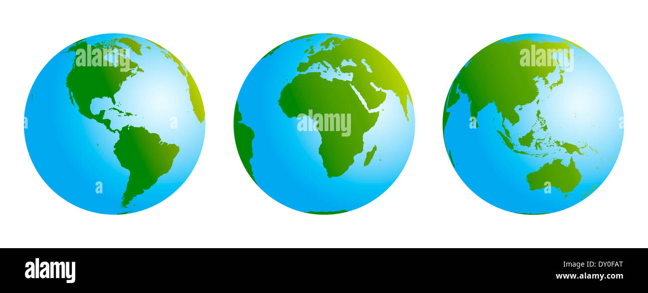 Blue and green colored illustration of the earth from three different ...