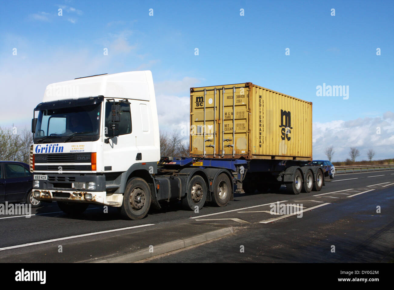 A Griffin truck hauling a MSC shipping container along the A46 dual