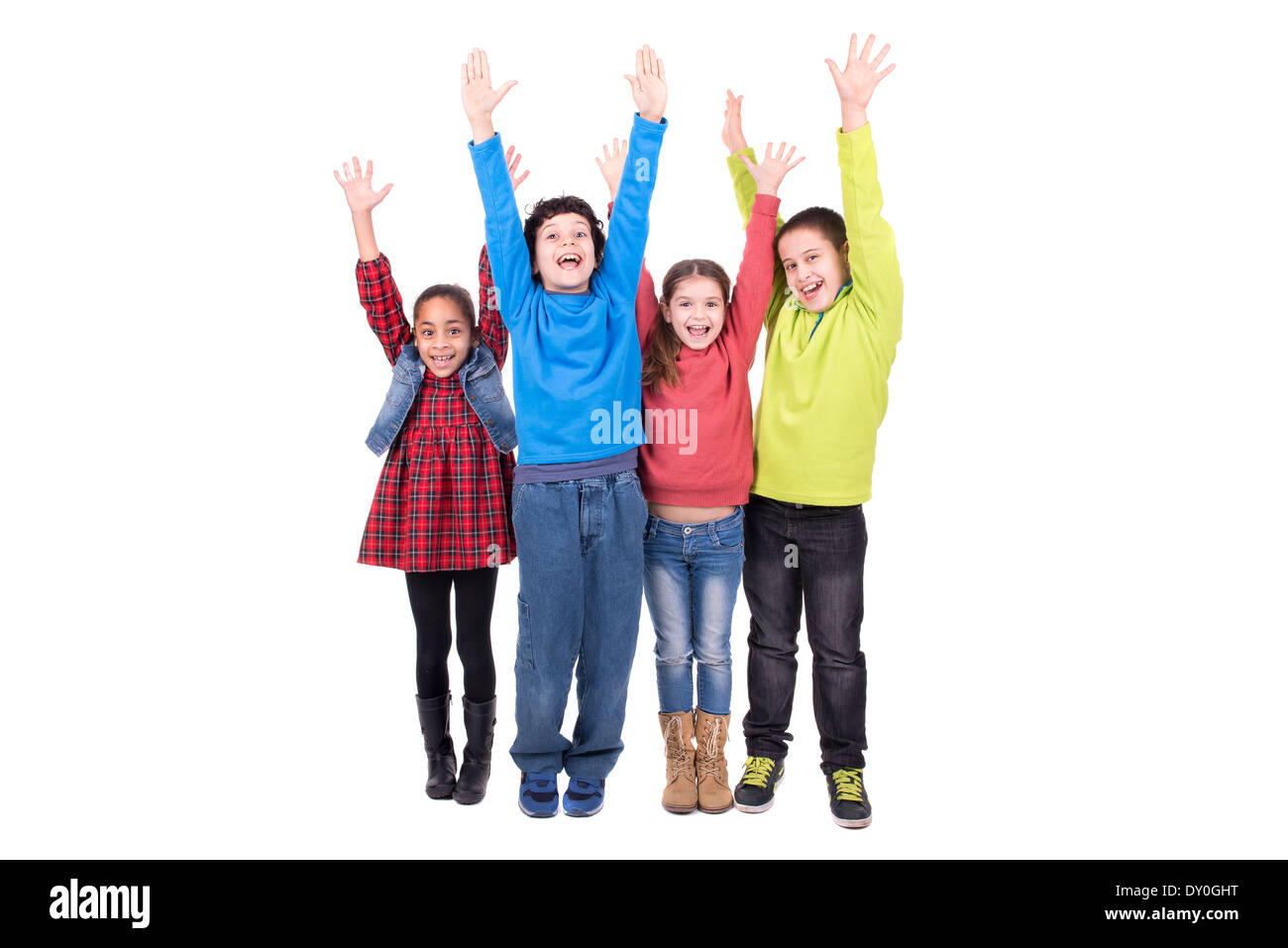 Group of children posing with raised hands isolated in white Stock ...