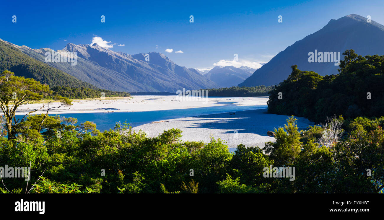 Panoramic view of the Arawhata River and the Haast Range of the Southern Alps, West Coast, New Zealand. Stock Photo