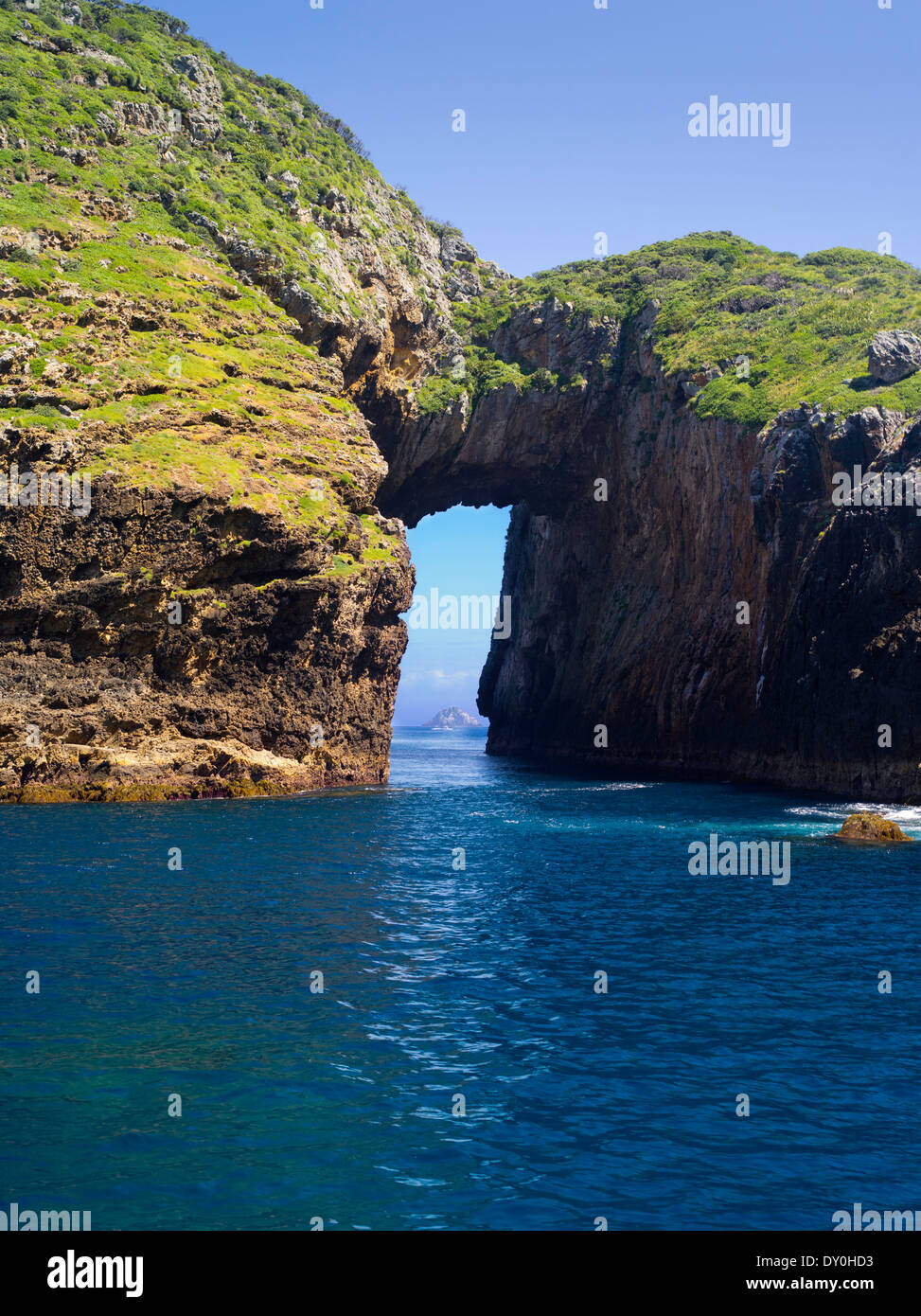 Archway Island. View of Poor Knights Islands, summer, Northland, New Zealand Stock Photo
