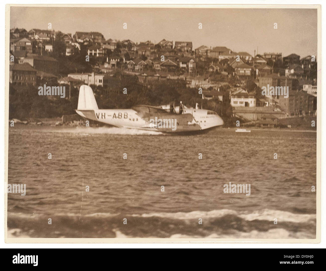 Qantas flying boat 'Coolangatta', Rose Bay, Sydney, 20 June 1936 / Sam Hood Stock Photo