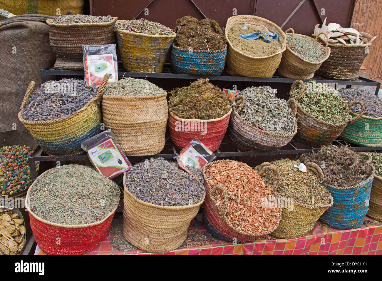 Herbs and spices on sale in souks in Marrakech, Morocco Stock Photo