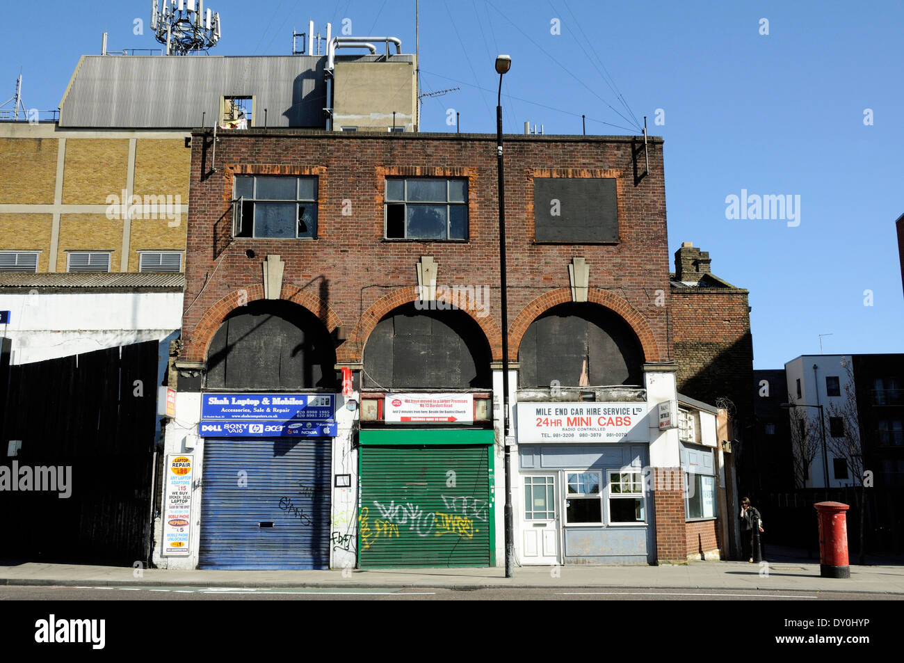 Run down industrial units, Burdett Road, Mile End, London Borough of Tower Hamlets, England Britain UK Stock Photo